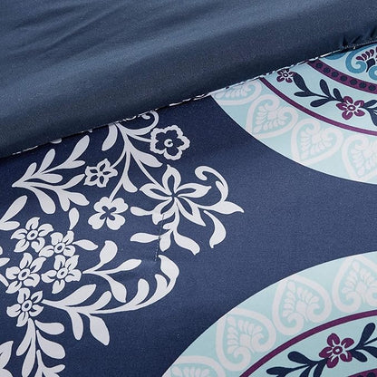 Intelligent Design Complete Bed In A Bag Casual Boho Comforter with Sheet Set Decorative Pillow, All Season Bedding Set, Twin, Loretta Navy 7 Piece