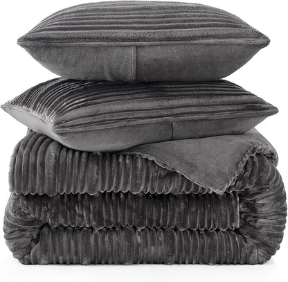 Amélie Home Luxury Flannel Fleece Twin Comforter Set,Soft Warm Striped Plush Bedding Set for Winter, 3 Pieces, 1 Cozy Comforter with 2 Pillowcases, Charcoal Gray, 68"x90"