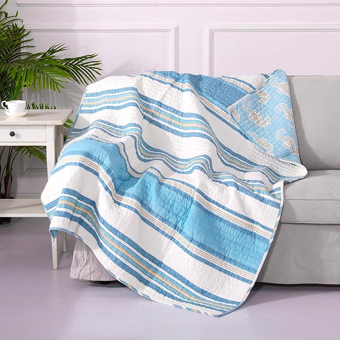 Levtex Home - Blue Maui - Quilted Throw - 50x60in. - Striped Coastal Design in Light Blue, Cream and Tan - Reversible Pattern - Cotton Fabric