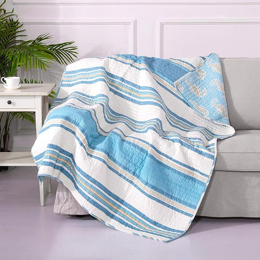 Levtex Home - Blue Maui - Quilted Throw - 50x60in. - Striped Coastal Design in Light Blue, Cream and Tan - Reversible Pattern - Cotton Fabric