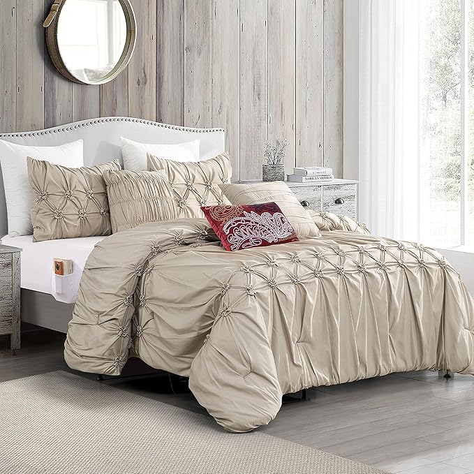 Elegant Comfort 12-Piece Bed-in-a-Bag, Ella Pleated Ruched Pintuck Comforter Set, 6-Piece Sheet Set Featuring Smart Pockets, Matching Decorative Pillows, All Season Bedding, California King, Linen