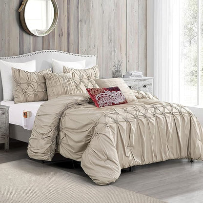 Elegant Comfort 12-Piece Bed-in-a-Bag, Ella Pleated Ruched Pintuck Comforter Set, 6-Piece Sheet Set Featuring Smart Pockets, Matching Decorative Pillows, All Season Bedding, California King, Linen
