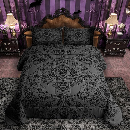 Feelyou Adults Black Vintage Damask Floral Comforter Set Oriental Antique Comforter King Size Gothic Bohemia Boho Bedding Set Exotic Sugar Skull Duvet Set Quilt Set 3Pcs