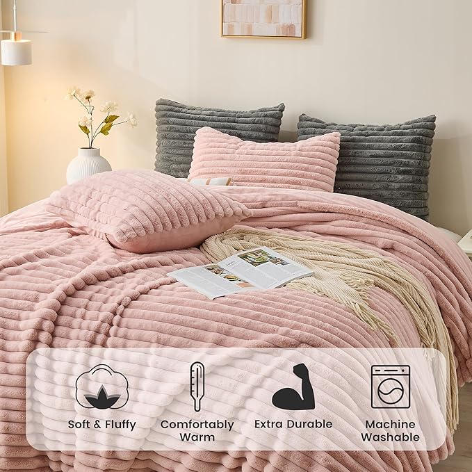 Simple&Opulence Fluffy Faux Fur Comforter Set, Plush Fuzzy Minky Bedding Set, 3 Pieces Warm Soft Comforter Bedding Set for Winter - 1 Shaggy Comforter with 2 Pillow Shams(King, Striped - Pink)