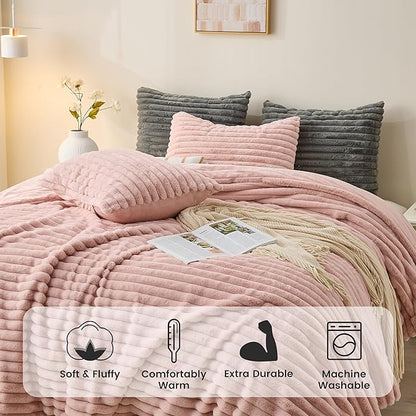 Simple&Opulence Fluffy Faux Fur Comforter Set, Plush Fuzzy Minky Bedding Set, 3 Pieces Warm Soft Comforter Bedding Set for Winter - 1 Shaggy Comforter with 2 Pillow Shams(King, Striped - Pink)