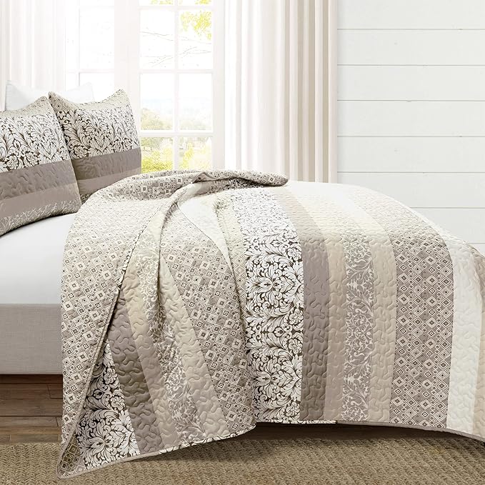 Lush Decor Boho Stripe Reversible Cotton Quilt 3-Piece Set, King, Neutral - Bold Colorful Bohemian Bedding Set