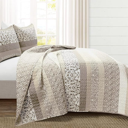 Lush Decor Boho Stripe Reversible Cotton Quilt 3-Piece Set, Full/ Queen, Neutral - Bold Colorful Bohemian Bedding Set