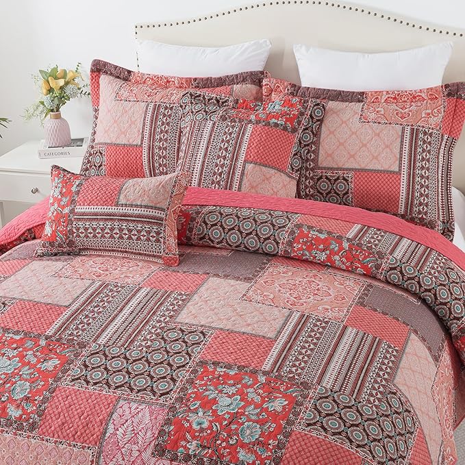 BEDIFANY Cotton Queen Quilt Set, Farmhouse Queen Size Quilt Bedding Set with 2 Pillow Shams, 3 PCs Lightweight Queen Size Bedspreads for Bed Decorations - All Seasons Coverlet Sets