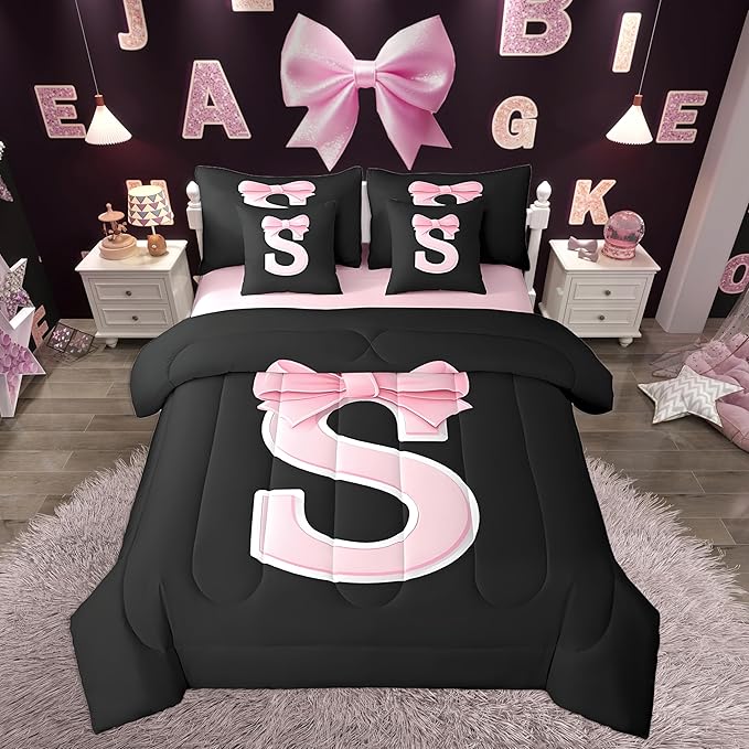 jejeloiu Kawaii Pink Bow King Comforter Set with Sheets,Gifts for Women Teen Girl,Monogrammed 7 Piece Bedding Set,Soft Personalized Initial Letter S Bed in a Bag with Comforter,Sheets,Pillowcases
