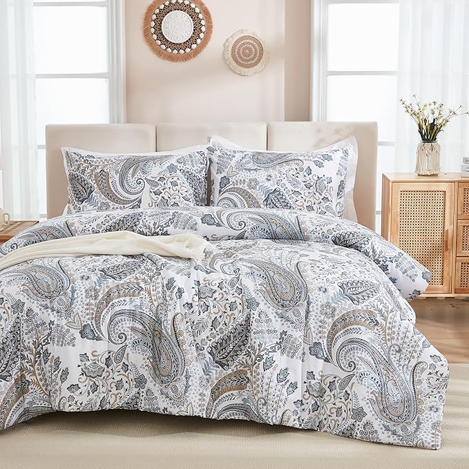 Grey Blue Paisley Comforter Set King Size 3 Pieces 100% Cotton Boho Paisley Pattern Bedding Set All Season Soft Cotton Lightweight Reversible Comforter