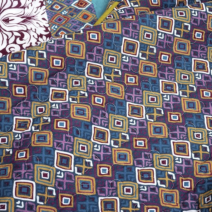 Lush Decor Boho Stripe Reversible Cotton Quilt 3-Piece Set, Full/ Queen, Plum & Yellow - Bold Colorful Bohemian Bedding Set