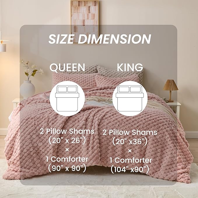 Simple&Opulence Fluffy Faux Fur Comforter Set, Plush Fuzzy Minky Bedding Set, 3 Pieces Warm Soft Comforter Bedding Set for Winter - 1 Shaggy Comforter with 2 Pillow Shams(King, Grid - Pink)