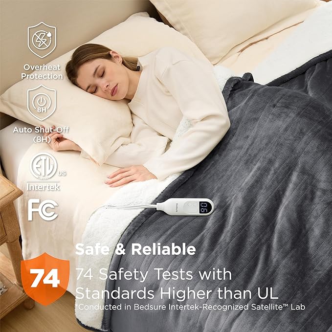 Bedsure Electric Blanket Twin - Soft Flannel Heated Blanket, Fast Heating with 10 Time Settings & 6 Heat Settings, Warm Gift for Grandma (62x84 inches, Dark Grey)