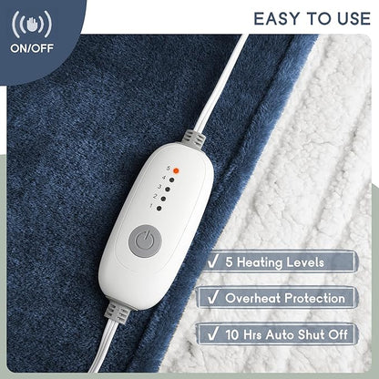 Heated Blanket Electric Blanket Full Size 72''x84'' with 5 Heating Levels, 10 Hour Auto Shut Off, Machine Washable, Flannel & Sherpa Soft Warming Blanket for Couch, Bed, Office - Navy Blue