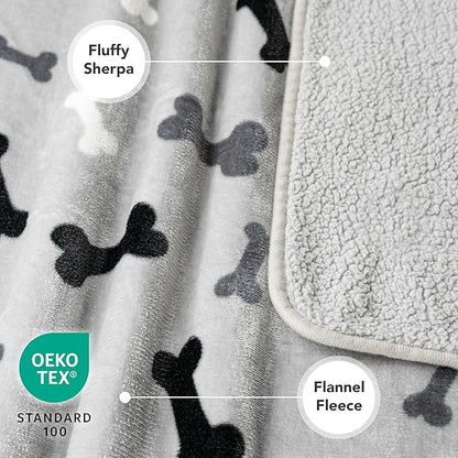 PetAmi Waterproof Dog Blanket Sherpa Fleece, Pet Medium Large Dogs, Reversible Cat Throw Bed Couch Sofa Furniture Protector, Soft Plush Microfiber (Large 40x60, Bone Print Gray), (40x60)