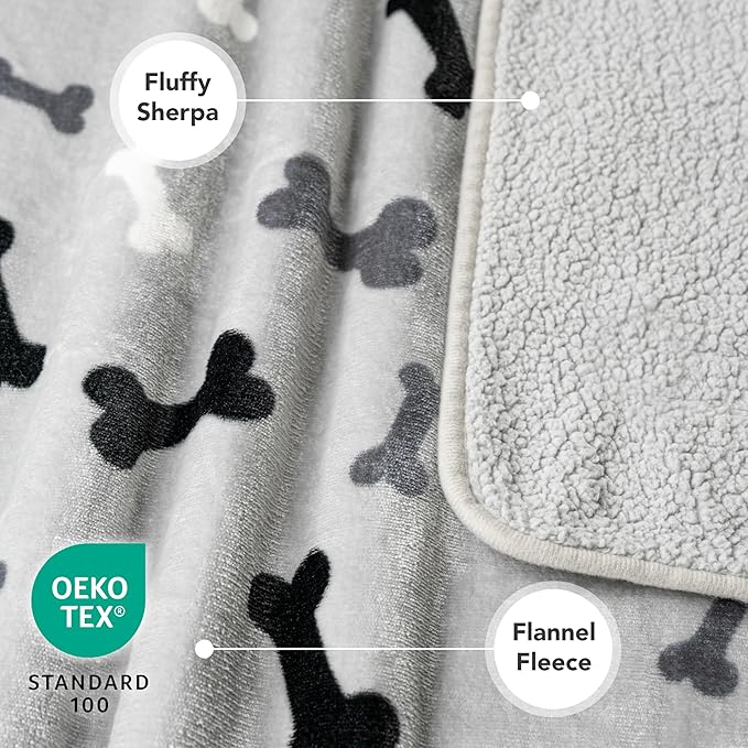 PetAmi Waterproof Dog Blanket Sherpa Fleece, Pet Small Medium Dog, Reversible Large Cat Throw Bed Couch Sofa Furniture Protector Soft Plush Microfiber (Small 24x32, Bone Print Gray), (24x32)