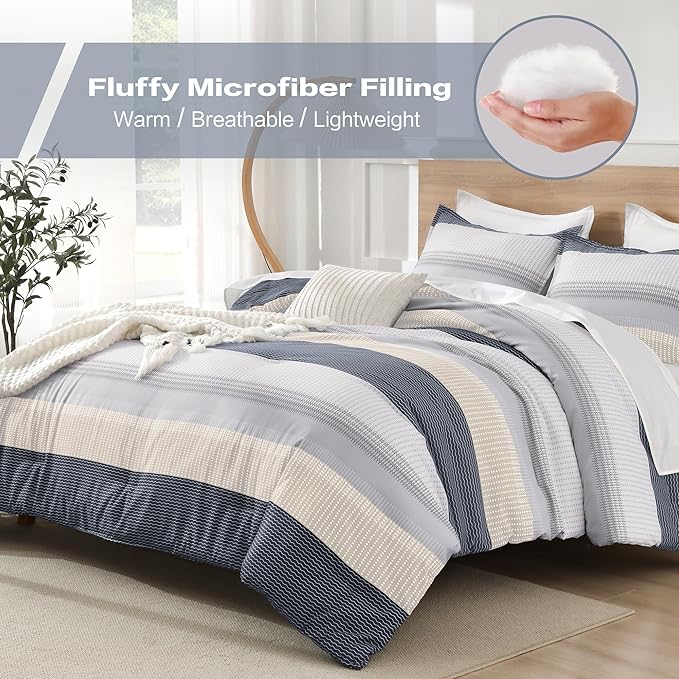 Litanika Oversized King Comforter Set Blue Yellow 128x120-3 Pieces Lightweight Colorblock Stripe Fluffy Bedding Comforter Sets, All Season Bed Set