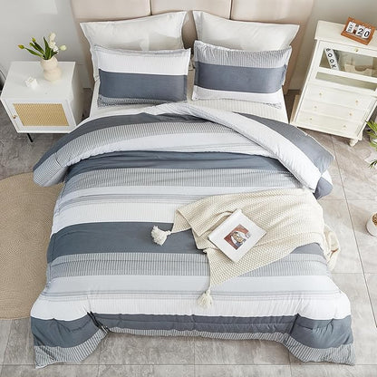 Litanika Light Grey California King Comforter Set, 3 Pieces Cal King Lightweight Gray White Colorblock Stripe Bedding Comforter Sets, Fluffy Bed Set