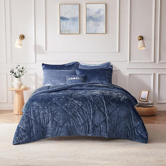 Intelligent Design Twin Comforter Set, Velvet Comforter Set , Luxury Diamond Quilting Comforter Set, Fluffy Comforter Bed Set with Decorative Pillowand 1 Sham, 3 Piece Navy, Twin/Twin XL