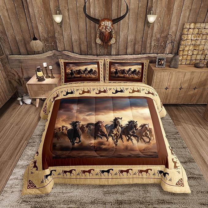 Feelyou Horse Comforter Set Toddler Size Galloping Horse Comforter for Boys Kids Teens Western Decor Cute Animal Bedding Set Kawaii Farm Cowboy Brown Duvet Set Room Decor Quilt Set