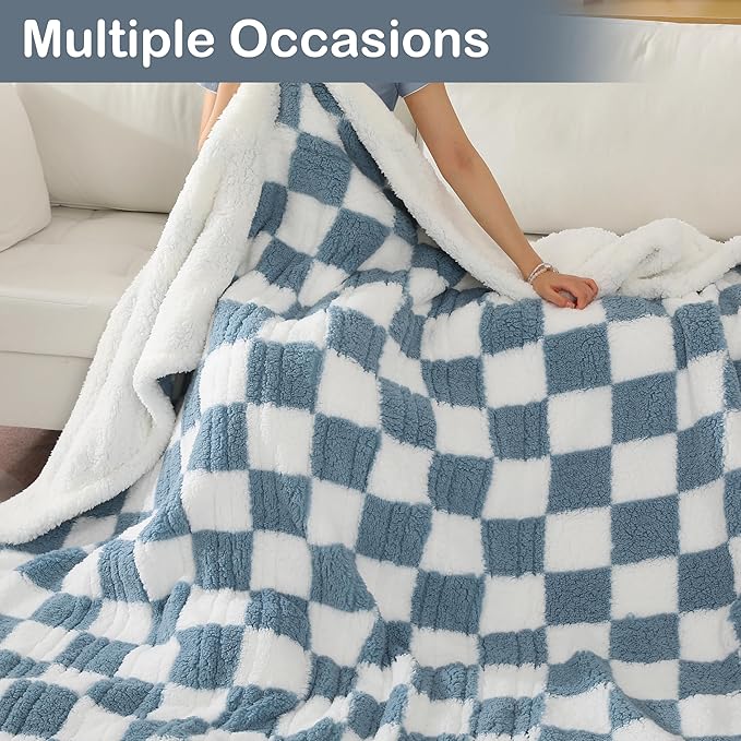 Electric Heated Blanket Full Size 72"×84" with 9 Heating Levels & 1-10Hs Auto Off, Checkered Plaid Double Sided Sherpa, Energy Efficient, Machine Washable, for Couch & Bed, Light Blue