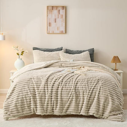 Simple&Opulence Fluffy Faux Fur Comforter Set, Plush Fuzzy Minky Bedding Set, 3 Pieces Warm Soft Comforter Bedding Set for Winter - 1 Shaggy Comforter with 2 Pillow Shams(King, Striped - Khaki)
