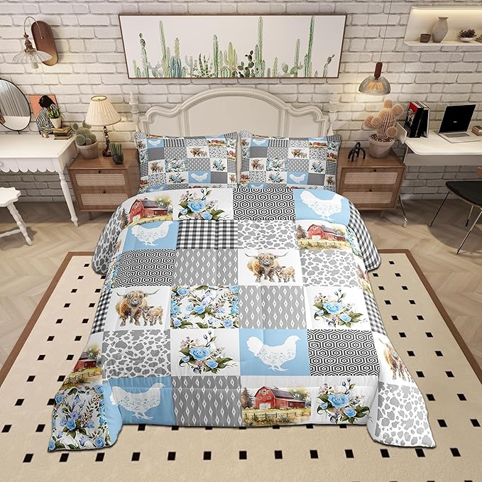 Farmhouse Plaid Full Size Comforter Set,Highland Cattle Chicken Animals Bedding Comforters Bedroom Collection,Blue Floral Geometric Patchwork Bedding Set for Girls Teens