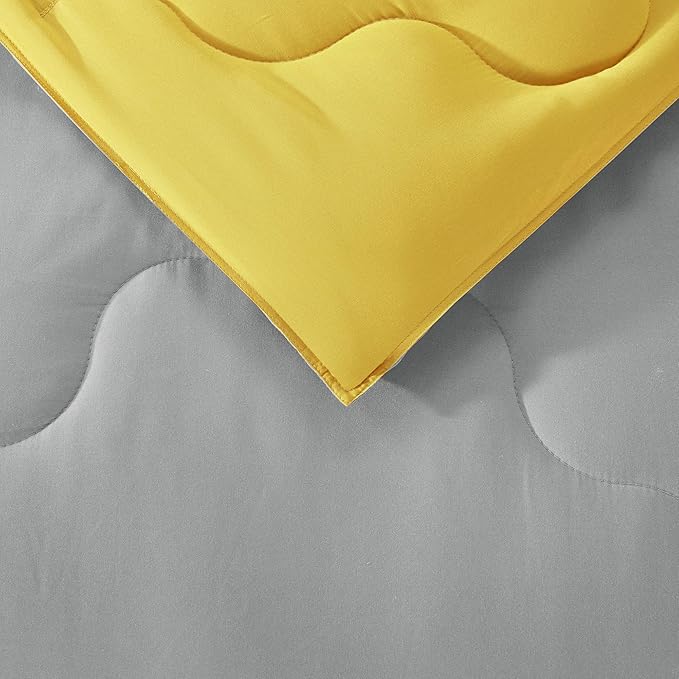 Comfort Spaces Vixie Reversible Comforter Set - Trendy Casual Geometric Quilted Cover, All Season Down Alternative Cozy Bedding, Matching Sham, Grey/Yellow, Full/Queen 3 piece