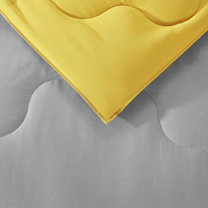 Comfort Spaces Vixie Reversible Comforter Set - Trendy Casual Geometric Quilted Cover, All Season Down Alternative Cozy Bedding, Matching Sham, Grey/Yellow, Full/Queen 3 piece