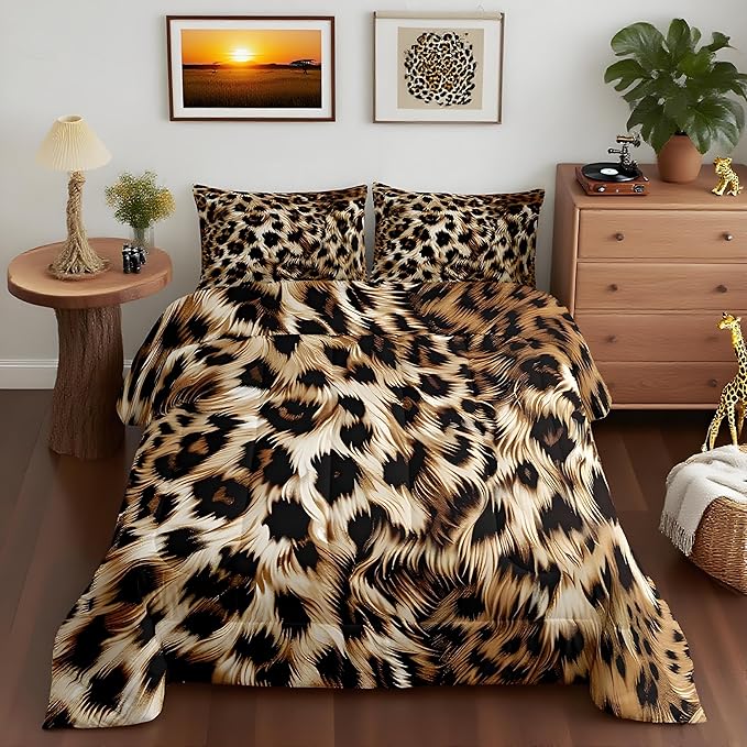 Feelyou Leopard Print Comforter Set - Cheetah Print Bedding Set for Kids - 1 Comforter Set with 2 Pillowcases - Queen Size