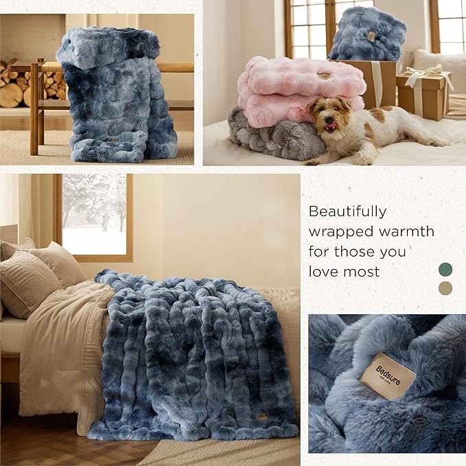 Bedsure GentleSoft Fluffy Fuzzy Twin Blanket, Soft Cozy Fleece Faux Fur Blanket, Pink Decorations Minky Velvet Couch Cover, Thick Warm Plush Women Men Birthday Gifts, 870GSM, Tie-dye Blue