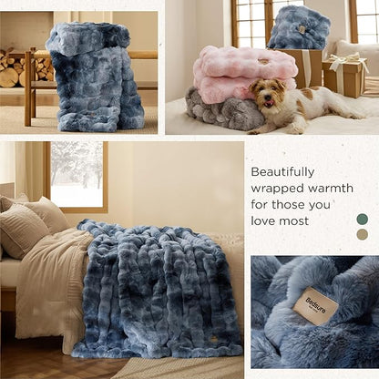 Bedsure GentleSoft Fluffy Fuzzy Tie-dye Blue Throw Blanket, Soft Cozy Fleece Faux Fur Blanket for Couch, Navy Blue Room Decor Minky Velvet Bed Cover, Thick Warm Plush Women Men Birthday Gifts