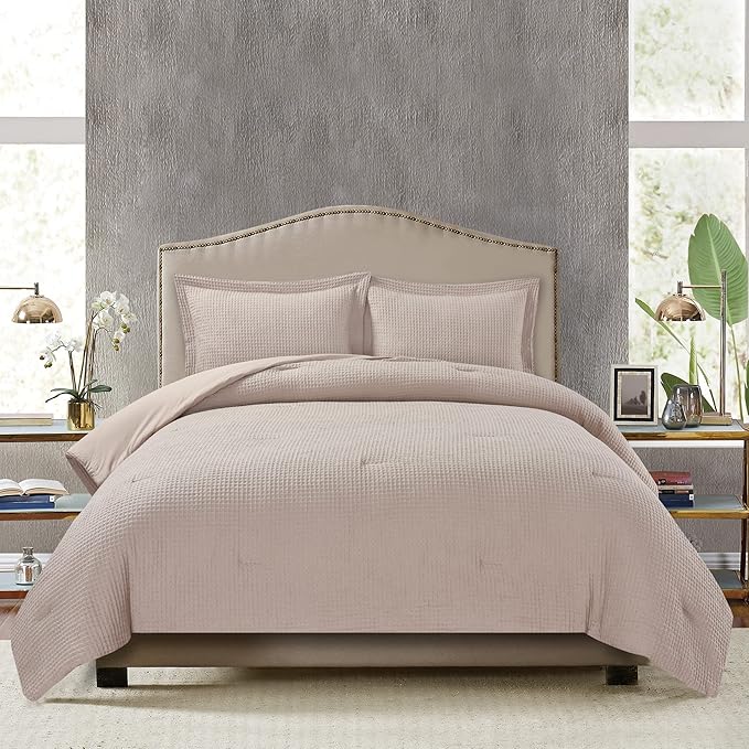Chezmoi Collection Wilmer 3-Piece Waffle Weave Comforter Set - Soft and Cozy All Season Bedding Set, Queen, Ivory Cream