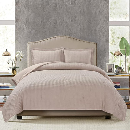 Chezmoi Collection Wilmer 3-Piece Waffle Weave Comforter Set - Soft and Cozy All Season Bedding Set, Queen, Ivory Cream