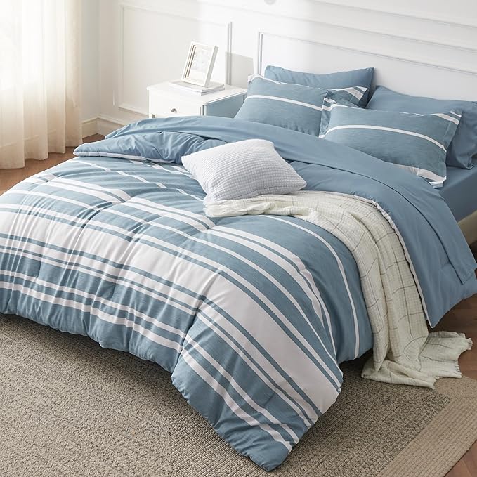 Bedsure Queen Comforter Set 7 Pieces, Grey Blue Striped Bedding Set for All Seasons, Reversible, Cationic Dyeing Bed in a Bag with Comforter, Sheets, Pillowcases & Shams
