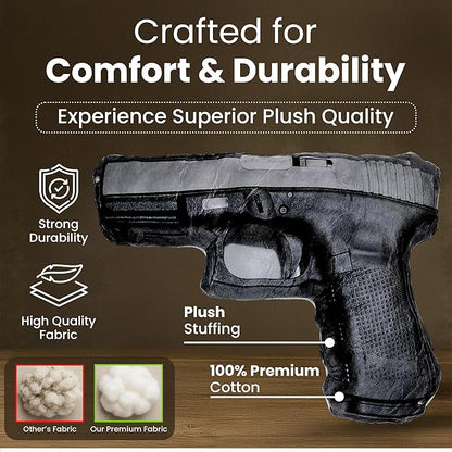 Caliber Gourmet Hug Soft Tactical Automatic Handgun Throw Pillow | Cotton Plush Stuffed Decorative Pillow with Soft Cushion, Men's Apartment Decor Aesthetic, Loved by Military Personnel, Veterans