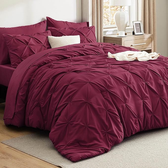 Bedsure California King Comforter Set Burgundy - Bed in a Bag Cal King Bedding Set 7 PCS, GentleSoft™ Pintuck Bed Set Gift for Family, Pinch Pleat Burgundy Comforter with Sheets, Pillowcases & Shams