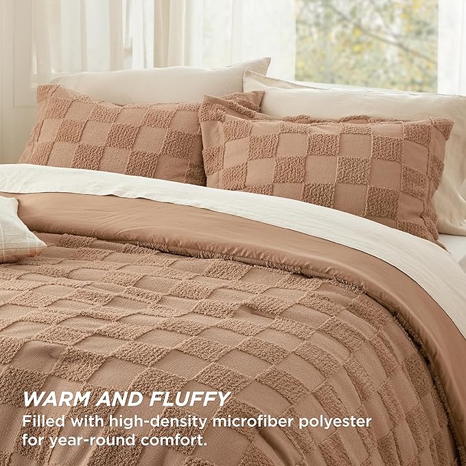 Bedsure Queen Size Comforter Set Taupe, Boho Tufted Bed Set, Checkered Farmhouse Shabby Chic Bedding, 3 Pieces, 1 Plaid Geometric Comforter and 2 Pillow Shams