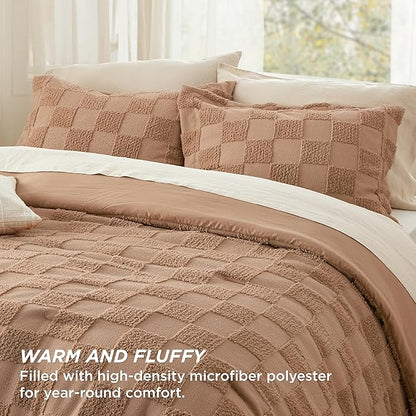 Bedsure Queen Size Comforter Set Taupe, Boho Tufted Bed Set, Checkered Farmhouse Shabby Chic Bedding, 3 Pieces, 1 Plaid Geometric Comforter and 2 Pillow Shams