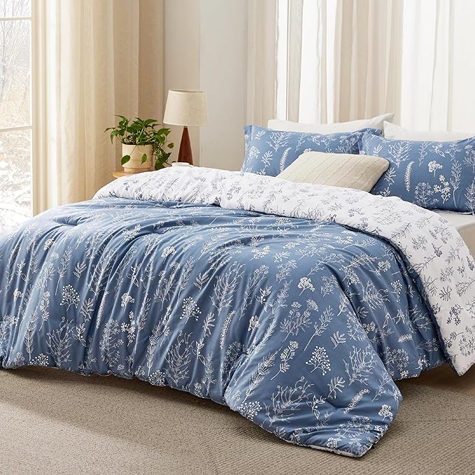 Bedsure Full Comforter Set - Infinity Blue Bed Set, 3 Pieces Cute Floral Bedding, 1 Soft Reversible Botanical Flowers Comforter and 2 Pillow Shams