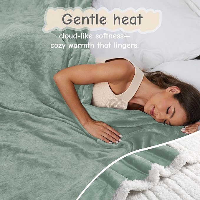 Electric Heated Blanket Throw Size 50"x60", Soft Flannel with Overheat Protection, 9 Adjustable Heat Settings & 10-Hour Auto-Off Timer, Fast Heating for Winter Comfort, Light Green