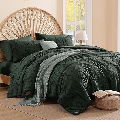 Full Size Comforter Set Dark Green, Tufted Boho Bedding Farmhouse Bed Set, All Season 7 Pieces Bed in a Bag with Sheets, Pillowcases & Shams
