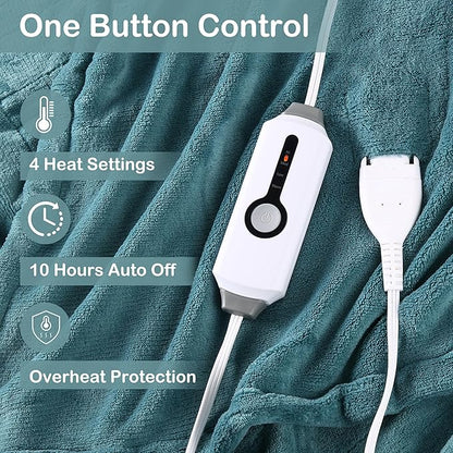 Electric Heated Blanket Twin Size 62"x84", Fast Heating Throw, Soft Plush Microplush for Bed & Couch, 10 Hours Auto Off & 4 Heating Levels, Machine Washable, Gifts for Grandma & Family-Teal
