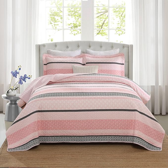 Homzard King Size Comforter Set, Cotton Quilt,Light Pink and Grey Bedding Set,Lightweight Striped Bedspread, Reversible Coverlet King Size (106"X98") with 2 Pillow Shams All Season