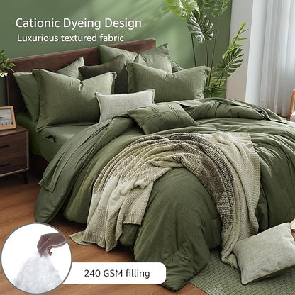 Monbix Full Size Comforter Set, Olive Green Bedding Comforter for Full Size Bed Set Reversible, Bedding Sets Full 7 Pieces, Cationic Dyeing Bed in a Bag with Comforter, Sheets, Pillowcases & Shams