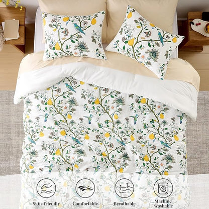 MUSSEL White Queen Size Comforter Set 3 Pieces,Vintage Botanical Floral Pattern Bedding Comforter Sets,Boho Whimsical Modern Printed Design Cute Seersucker Bedroom Comforter and Shams