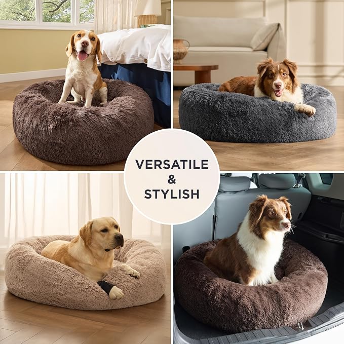Bedsure Calming Dog Bed for Extra Large Dogs - 45in Donut Washable Large Pet Bed, Anti-Slip ＆Removable Cover,420GSM Round Anti-Anxiety Fluffy Plush Faux Fur, Fits up to 100lbs Pets,Plus Version