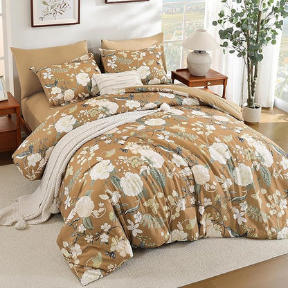 Anibedding 7Pieces Floral Queen Size Comforter Set, Garden Plant Style Bed in a Bag Brown White Flower Bedding Comforter Set with Pillow Case for Bedroom