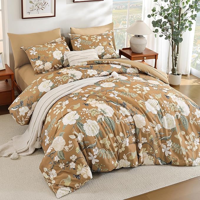 Anibedding 7Pieces Floral King Size Comforter Set, Garden Plant Style Bed in a Bag Brown White Flower Bedding Comforter Set with Pillow Case for Bedroom