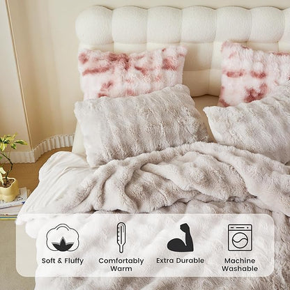 Simple&Opulence Fluffy Faux Fur Comforter Set, Plush Fuzzy Minky Bedding Set, 3 Pieces Warm Soft Comforter Bedding Set for Winter - 1 Shaggy Comforter with 2 Pillow Shams(Queen, Oatmeal)